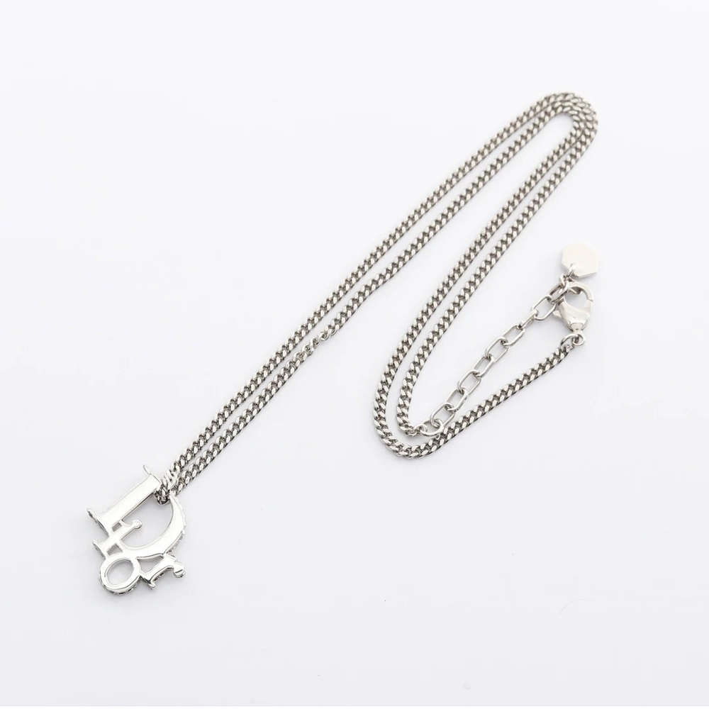 Christian Dior Oblique Pendant Necklace Silver Tone Brass Crystals Y2K Authentic - Picture 3 of 6
